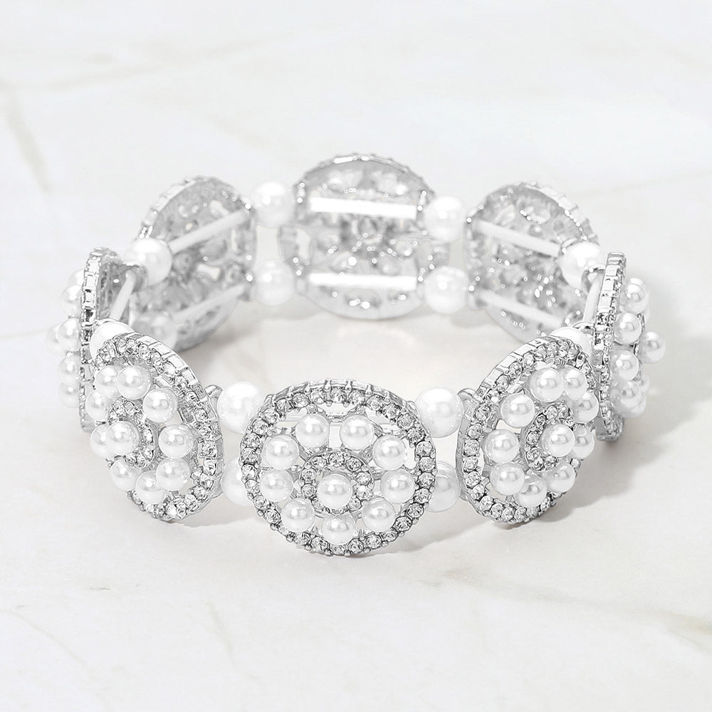 Madeline Love Rhodium, White Pearl Floral Beaded Stretch Evening Bracelet - Bracelets