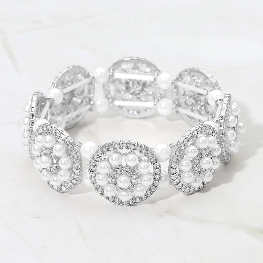 Madeline Love Rhodium, White Pearl Floral Beaded Stretch Evening Bracelet - Bracelets