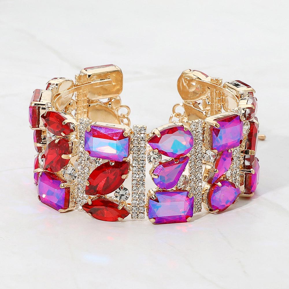 Madeline Love Fuchsia, Gold Bold Faceted Multi-Shaped Gem Embellished Evening Bracelet