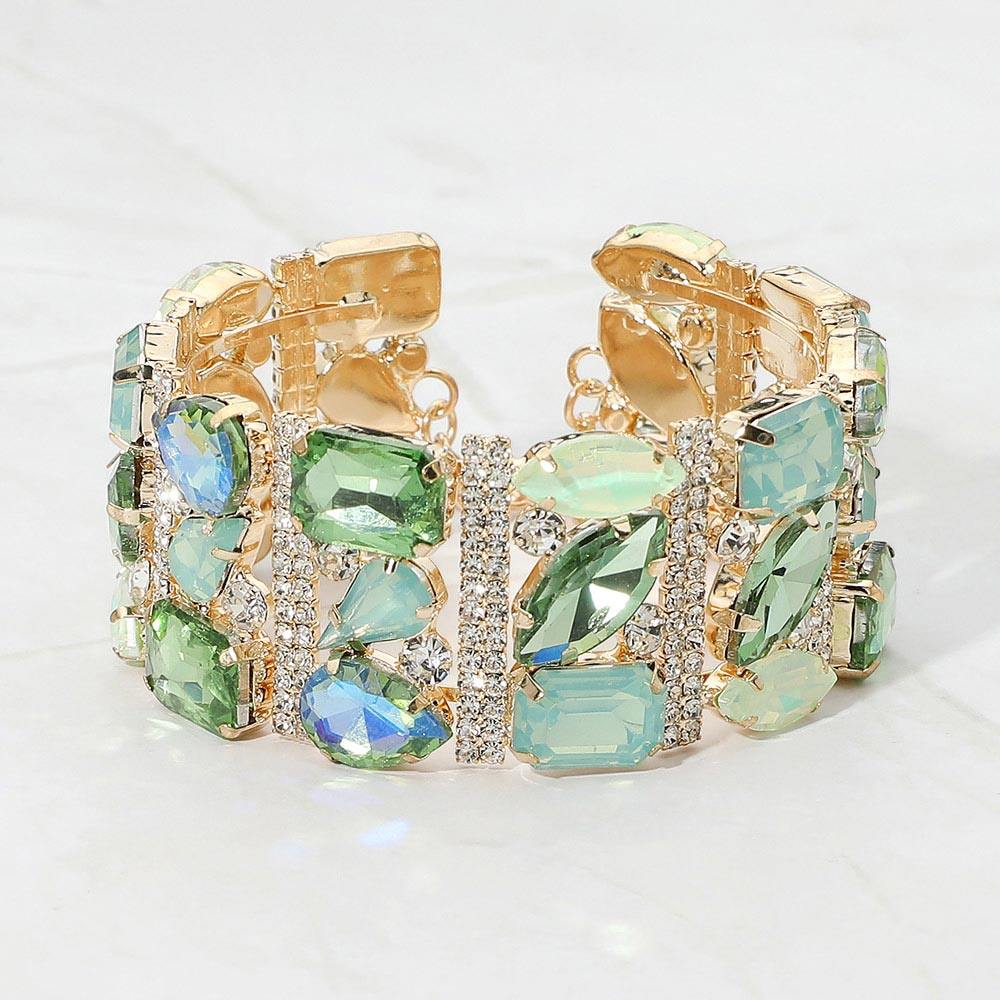 Madeline Love Gold, Green Bold Faceted Multi-Shaped Gem Embellished Evening Bracelet