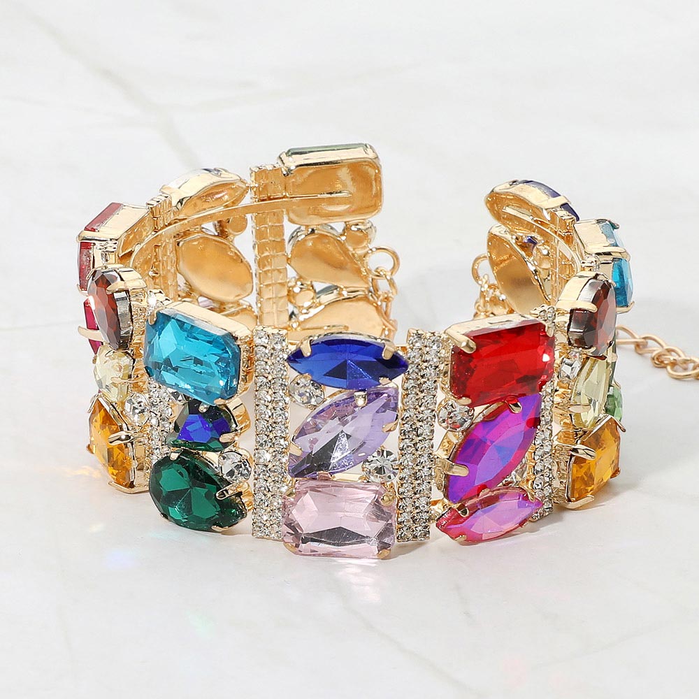 Madeline Love Gold, Multi Bold Faceted Multi-Shaped Gem Embellished Evening Bracelet