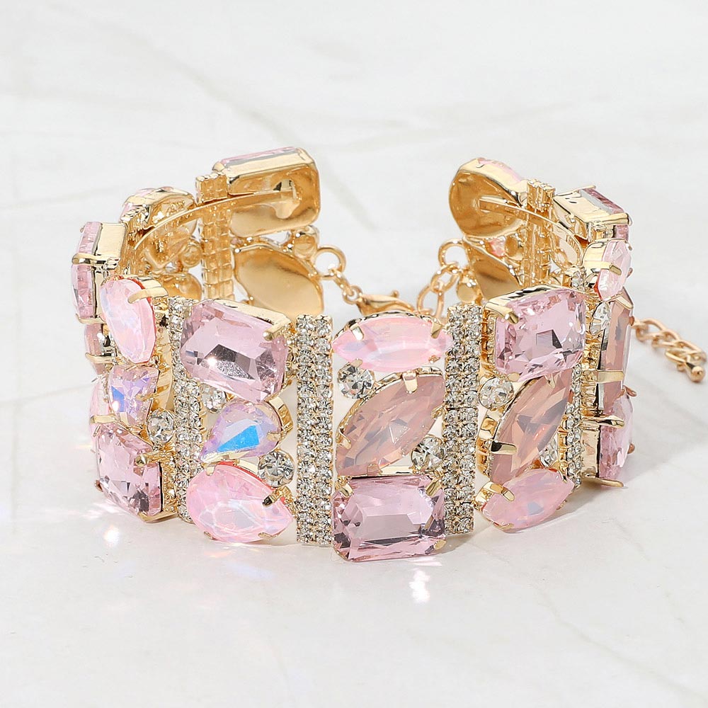 Madeline Love Gold, Pink Bold Faceted Multi-Shaped Gem Embellished Evening Bracelet