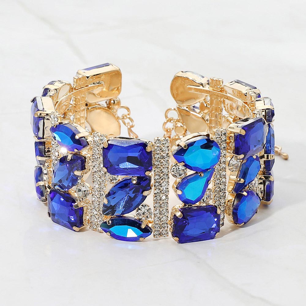 Madeline Love Gold, Royal Blue Bold Faceted Multi-Shaped Gem Embellished Evening Bracelet