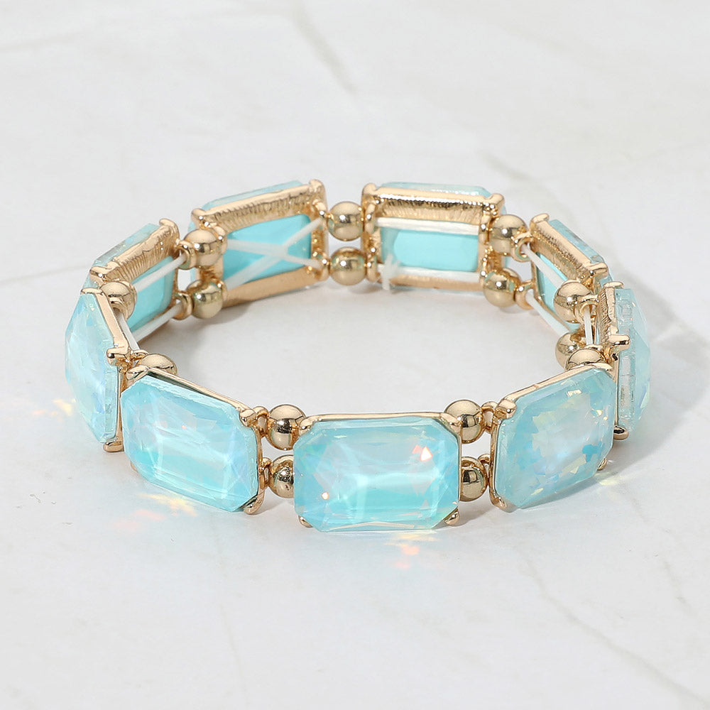 Madeline Love Aqua, Gold, Opal Faceted Rectangular Gem Beaded Stretch Evening Bracelet