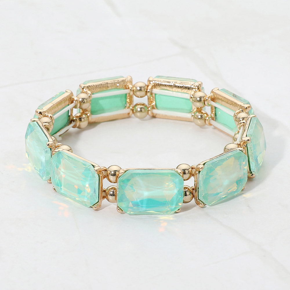 Madeline Love Gold, Lime, Opal Faceted Rectangular Gem Beaded Stretch Evening Bracelet