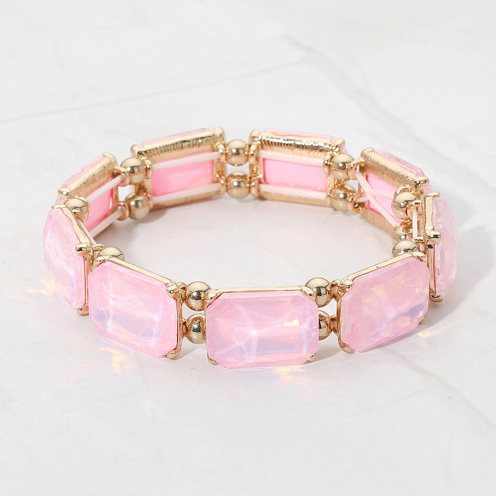 Madeline Love Gold, Opal, Pink Faceted Rectangular Gem Beaded Stretch Evening Bracelet