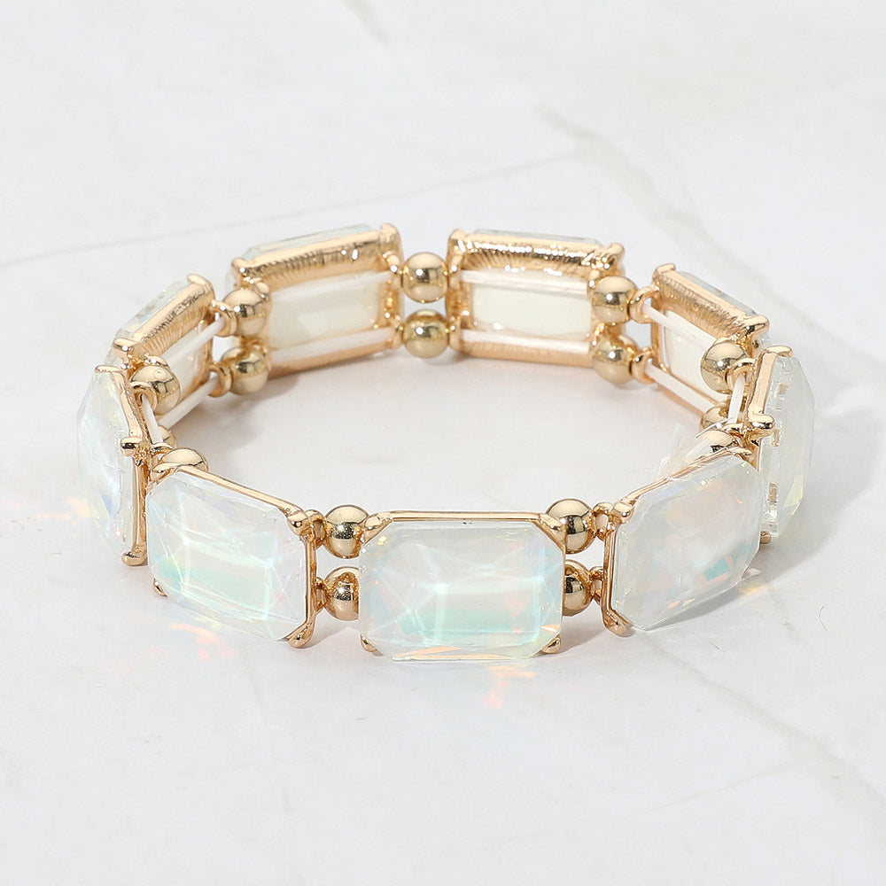 Madeline Love Gold, Opal, White Faceted Rectangular Gem Beaded Stretch Evening Bracelet
