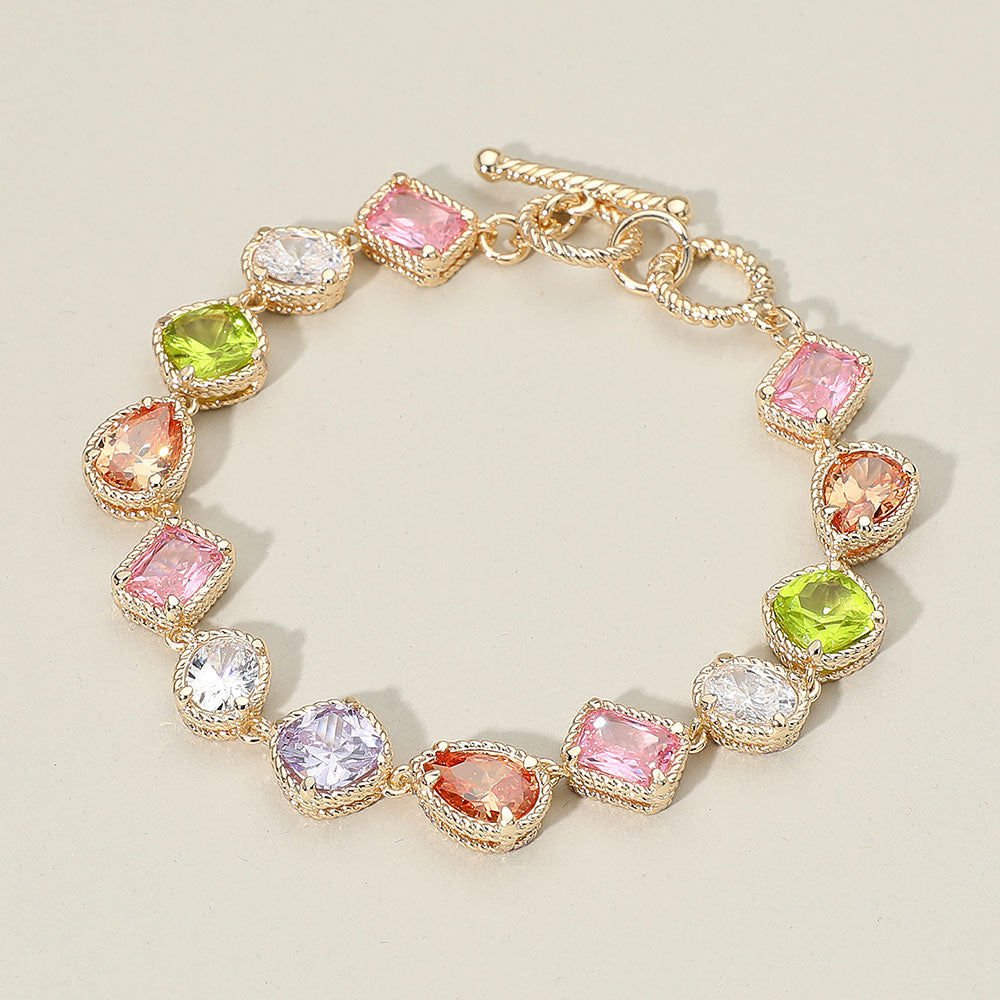 Madeline Love Gold, Multi 14K Gold Plated CZ Multi Stone Cluster Link Toggle Bracelet