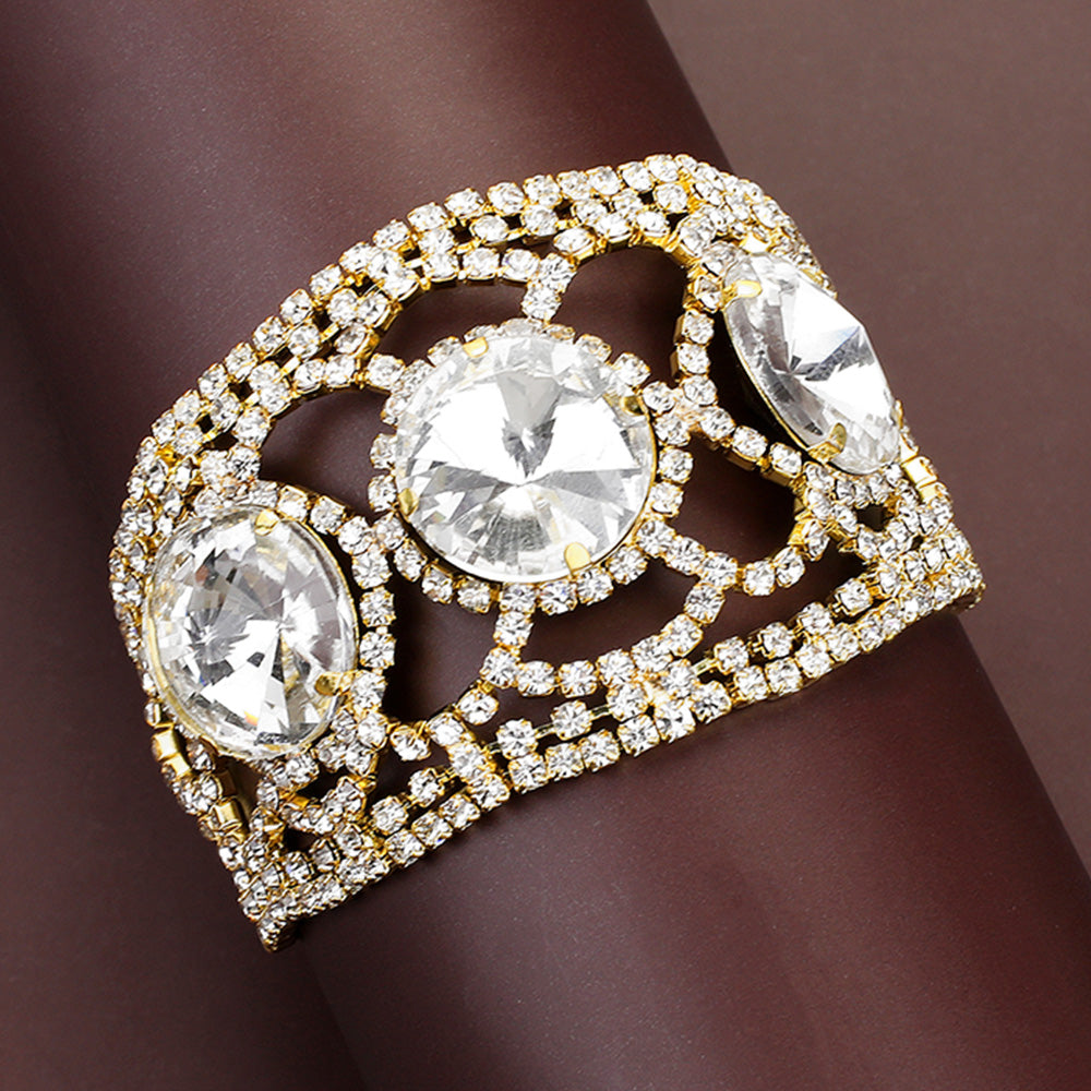 Madeline Love Clear, Gold Triple Round Glass Stone Rhinestone Evening Bracelet