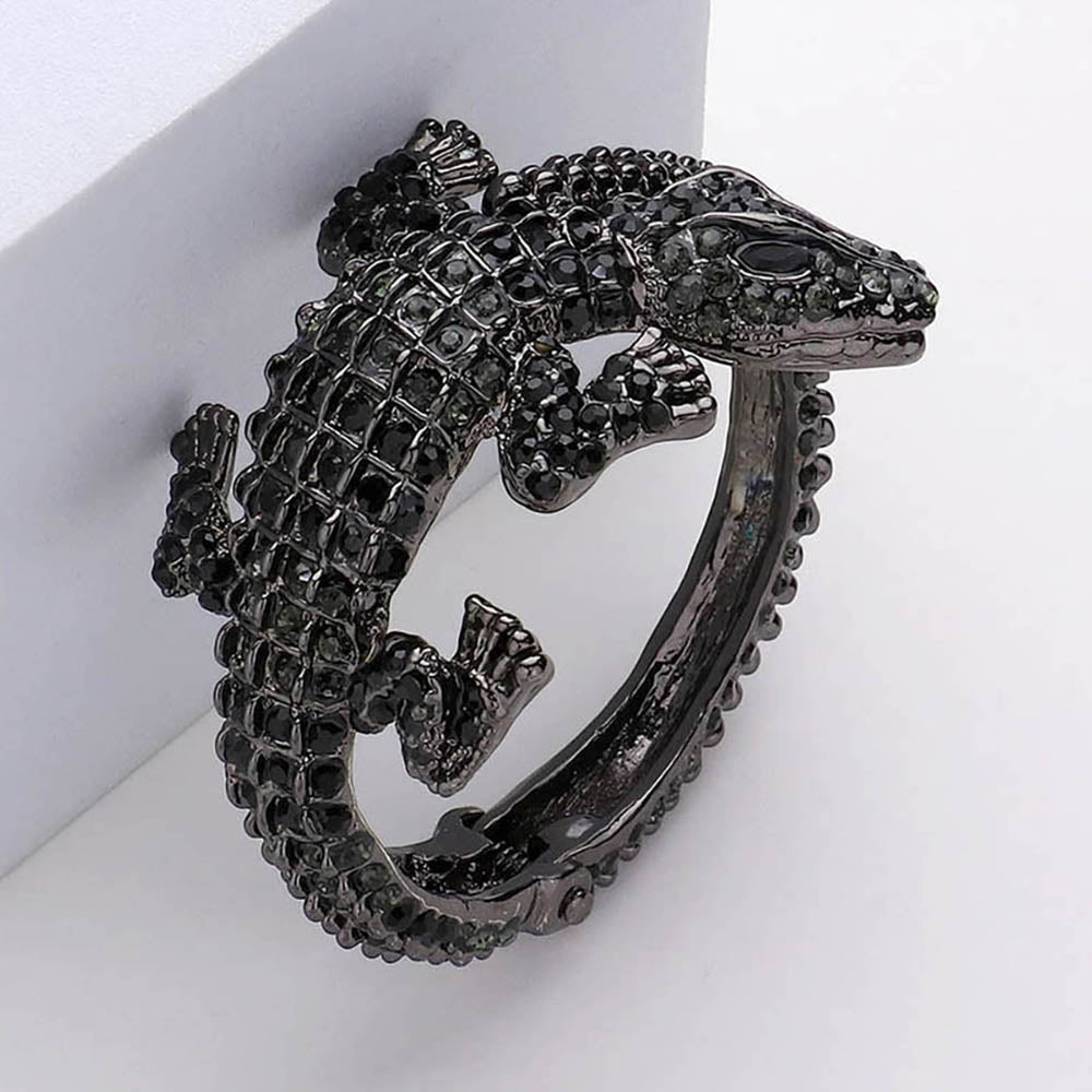 Madeline Love Black, Hematite Crystal Rhinestone Crocodile/Alligator Embellished Evening Hinged Cuff Bracelet - Bracelets