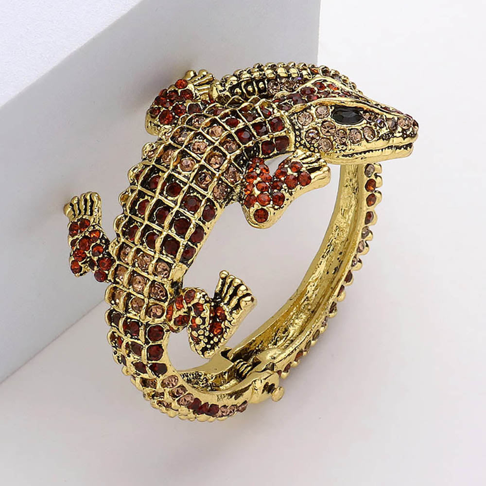 Madeline Love Brown, Gold Crystal Rhinestone Crocodile/Alligator Embellished Evening Hinged Cuff Bracelet - Bracelets