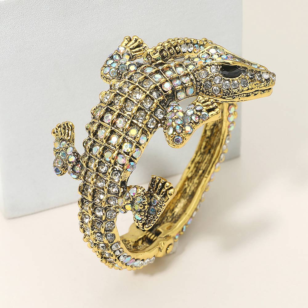 Madeline Love AB, Gold Crystal Rhinestone Crocodile/Alligator Embellished Evening Hinged Cuff Bracelet - Bracelets