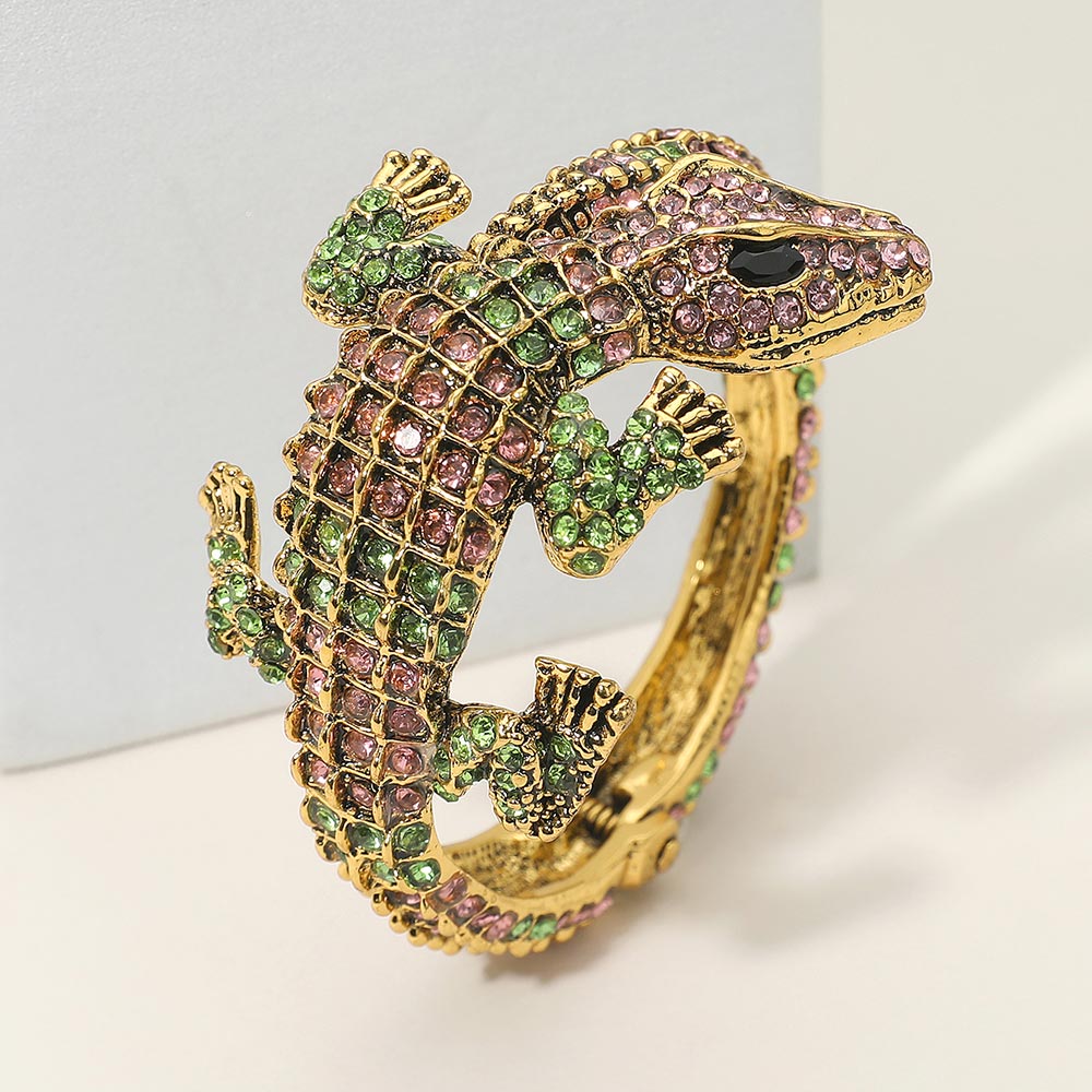 Madeline Love Pink&Green Crystal Rhinestone Crocodile/Alligator Embellished Evening Hinged Cuff Bracelet - Bracelets