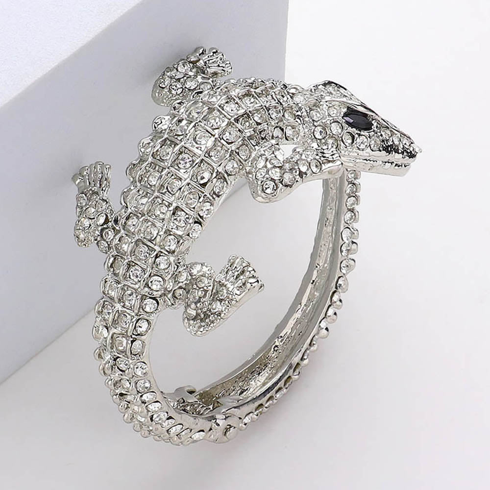 Madeline Love Clear, Silver Crystal Rhinestone Crocodile/Alligator Embellished Evening Hinged Cuff Bracelet - Bracelets