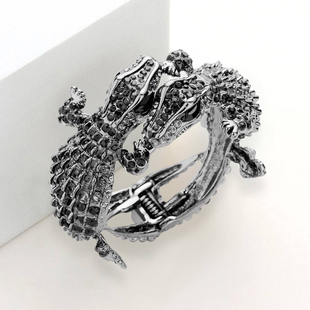 Madeline Love Black Diamond Crystal Rhinestone Double Crocodile/Alligator Evening Hinged Cuff Bracelet - Bracelets