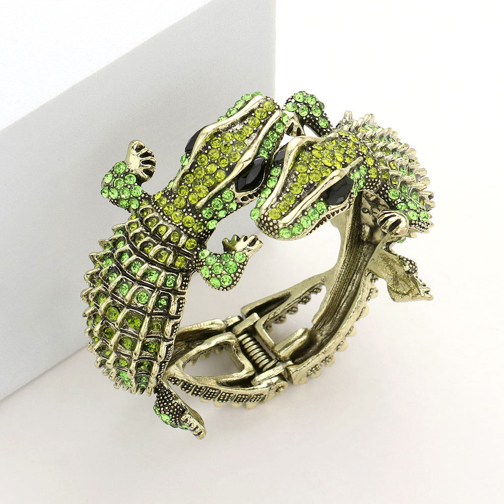 Madeline Love Green Crystal Rhinestone Double Crocodile/Alligator Evening Hinged Cuff Bracelet - Bracelets