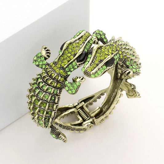 Madeline Love Green Crystal Rhinestone Double Crocodile/Alligator Evening Hinged Cuff Bracelet - Bracelets