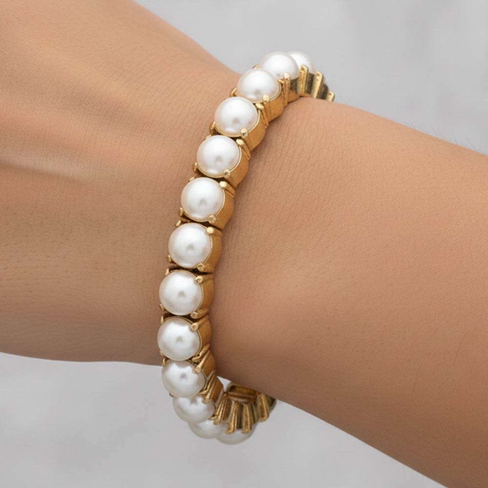 Madeline Love Cream, Worn Gold Round Pearl Stretch Bracelet - Bracelets