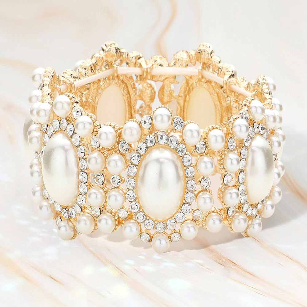 Madeline Love Cream, Gold Oval Pearl Accented Link Stretch Evening Bracelet - Bracelets