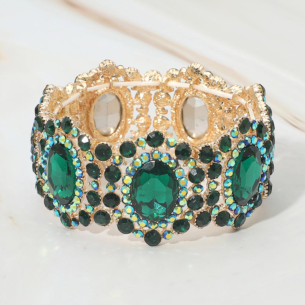 Madeline Love Gold, Green Oval Stone Accented Link Stretch Evening Bracelet