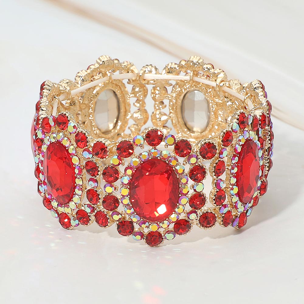 Madeline Love Gold, Red Oval Stone Accented Link Stretch Evening Bracelet