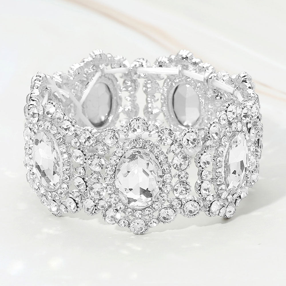 Madeline Love Clear, Rhodium Oval Stone Accented Link Stretch Evening Bracelet - Bracelets