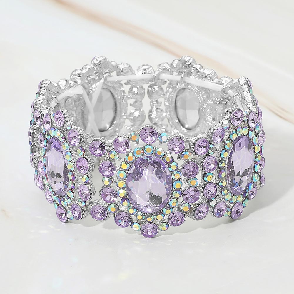 Madeline Love Lavender, Rhodium Oval Stone Accented Link Stretch Evening Bracelet