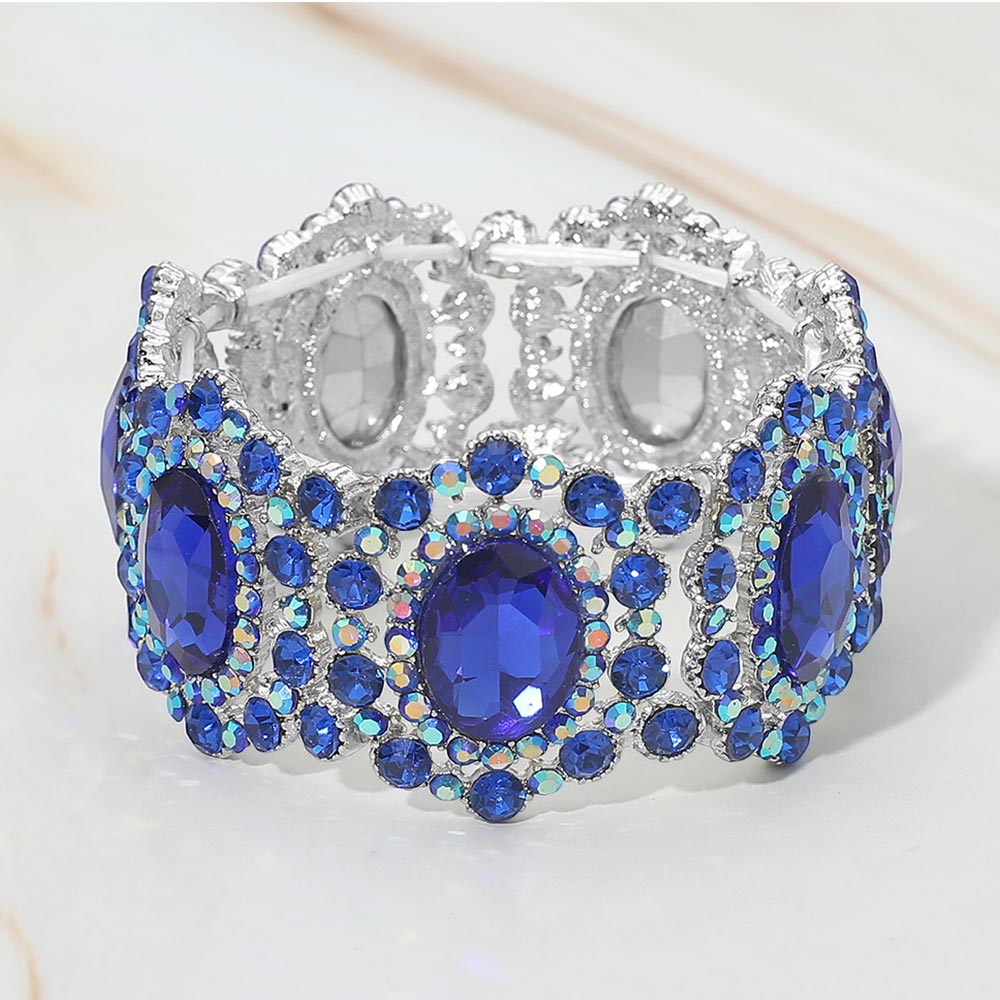 Madeline Love Rhodium, Royal Blue Oval Stone Accented Link Stretch Evening Bracelet