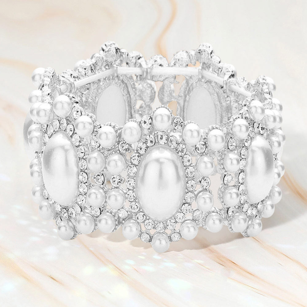 Madeline Love Rhodium, White Oval Pearl Accented Link Stretch Evening Bracelet - Bracelets