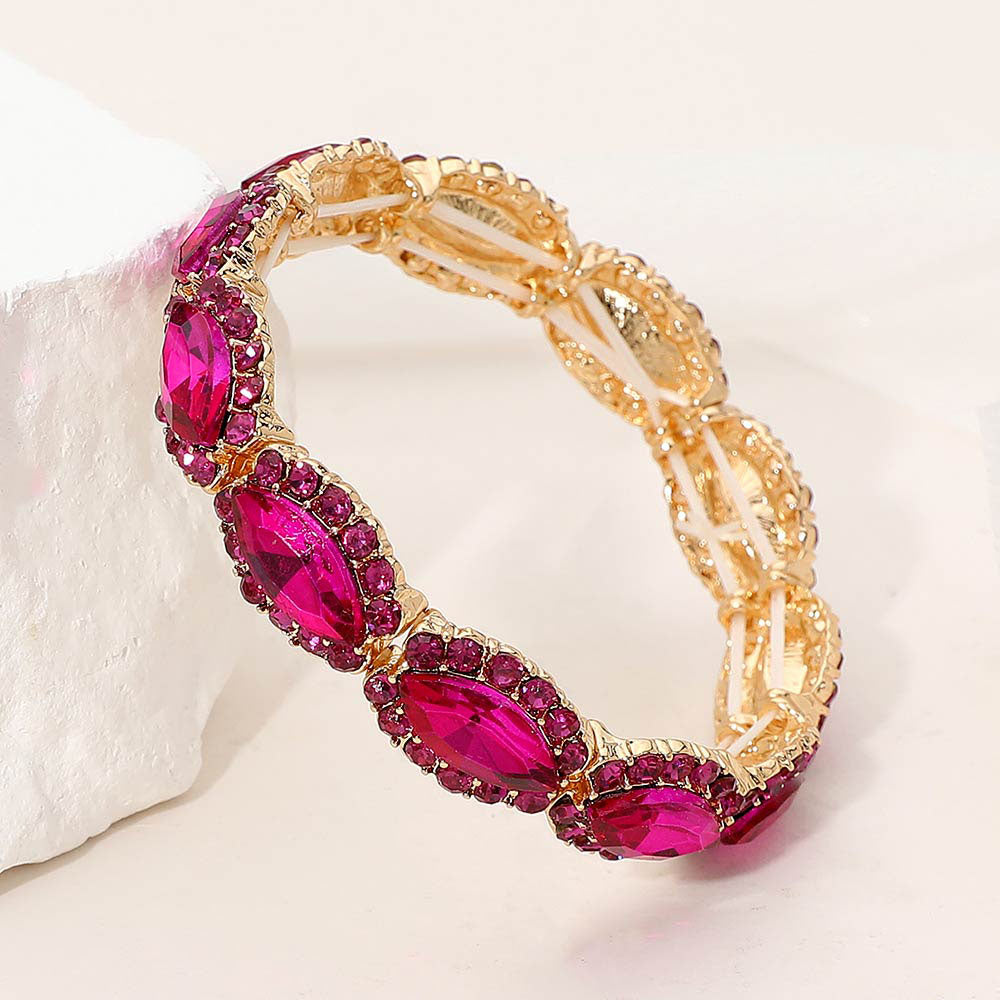 Madeline Love Fuchsia, Gold Faceted Marquise Cut Stone Beaded Stretch Evening Bracelet