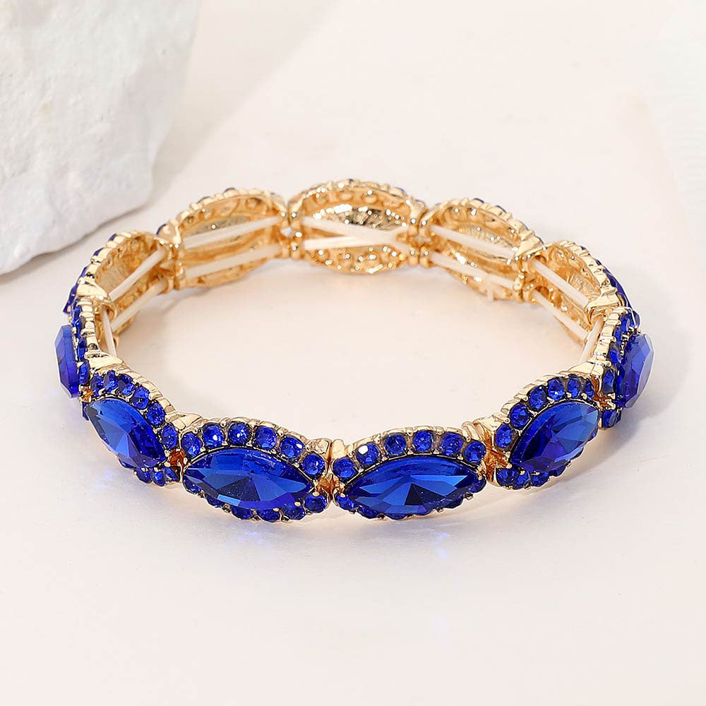 Madeline Love Gold, Royal Blue Faceted Marquise Cut Stone Beaded Stretch Evening Bracelet