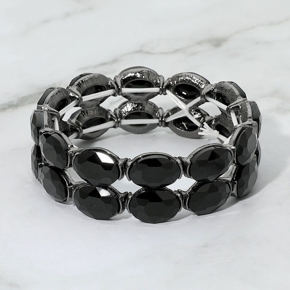 Madeline Love Black, Jet Black Double Row Oval Faceted Crystal Stretch Bracelet