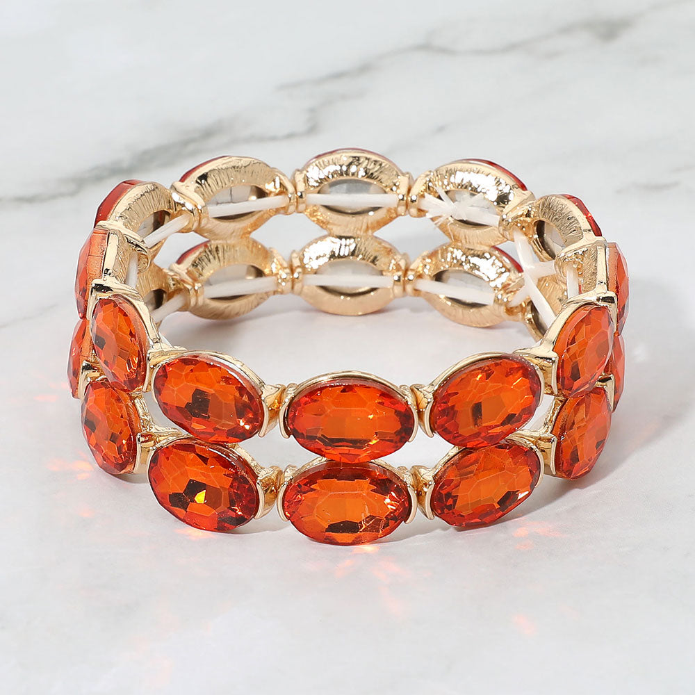 Madeline Love Gold, Orange Double Row Oval Faceted Crystal Stretch Bracelet