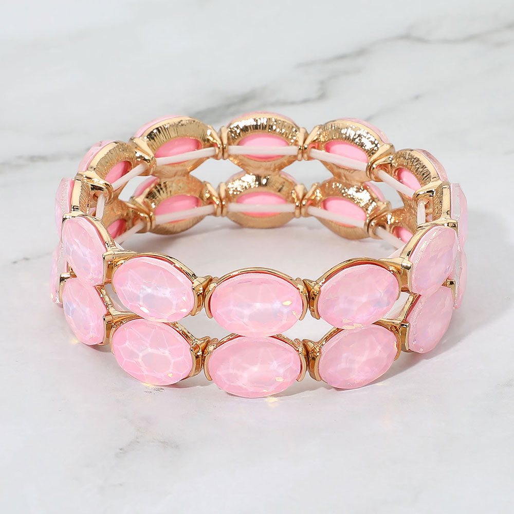 Madeline Love Gold, Opal, Pink Double Row Oval Faceted Crystal Stretch Bracelet