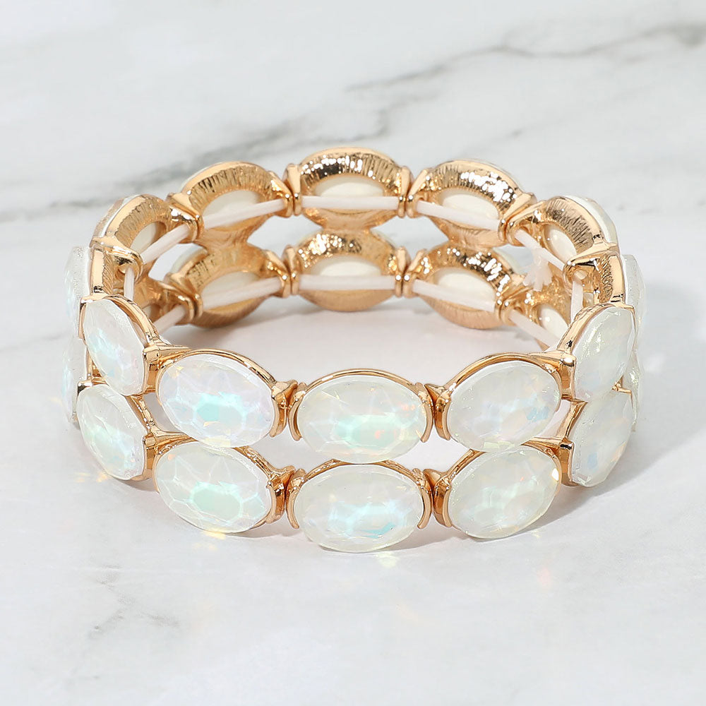 Madeline Love Gold, Opal, White Double Row Oval Faceted Crystal Stretch Bracelet