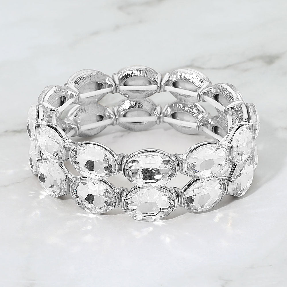 Madeline Love Clear, Rhodium Double Row Oval Faceted Crystal Stretch Bracelet