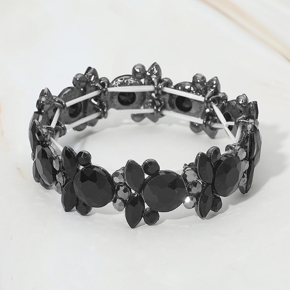 Madeline Love Black, Jet Black Floral Faceted Glass Stone Cluster Beaded Stretch Evening Bracelet