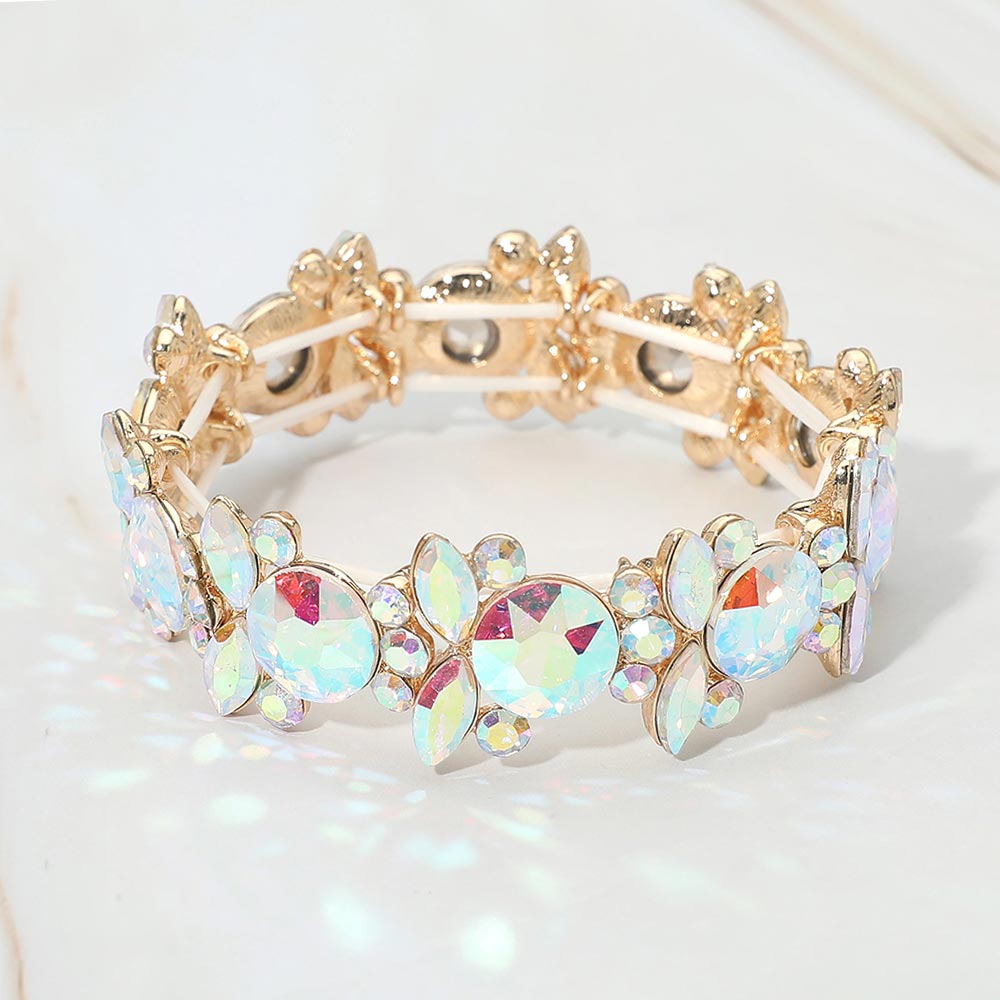 Madeline Love AB, Gold Floral Faceted Glass Stone Cluster Beaded Stretch Evening Bracelet