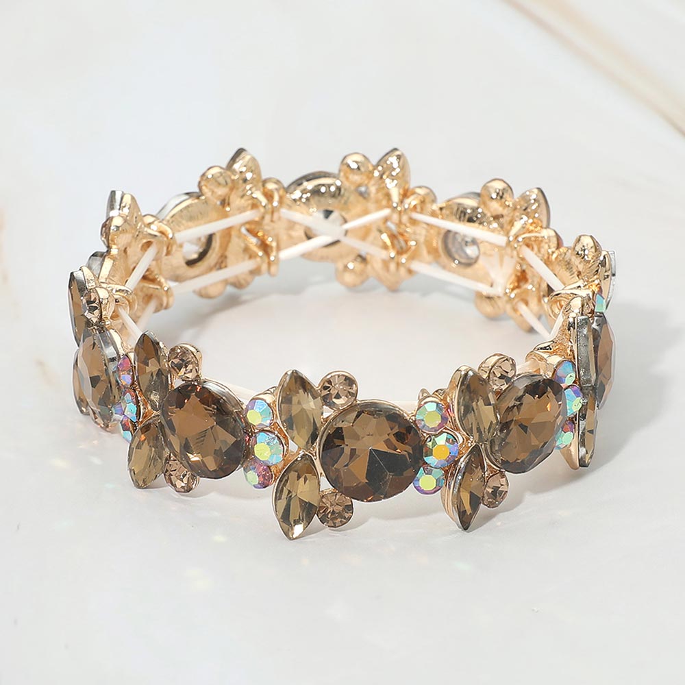 Madeline Love Copper, Gold Floral Faceted Glass Stone Cluster Beaded Stretch Evening Bracelet