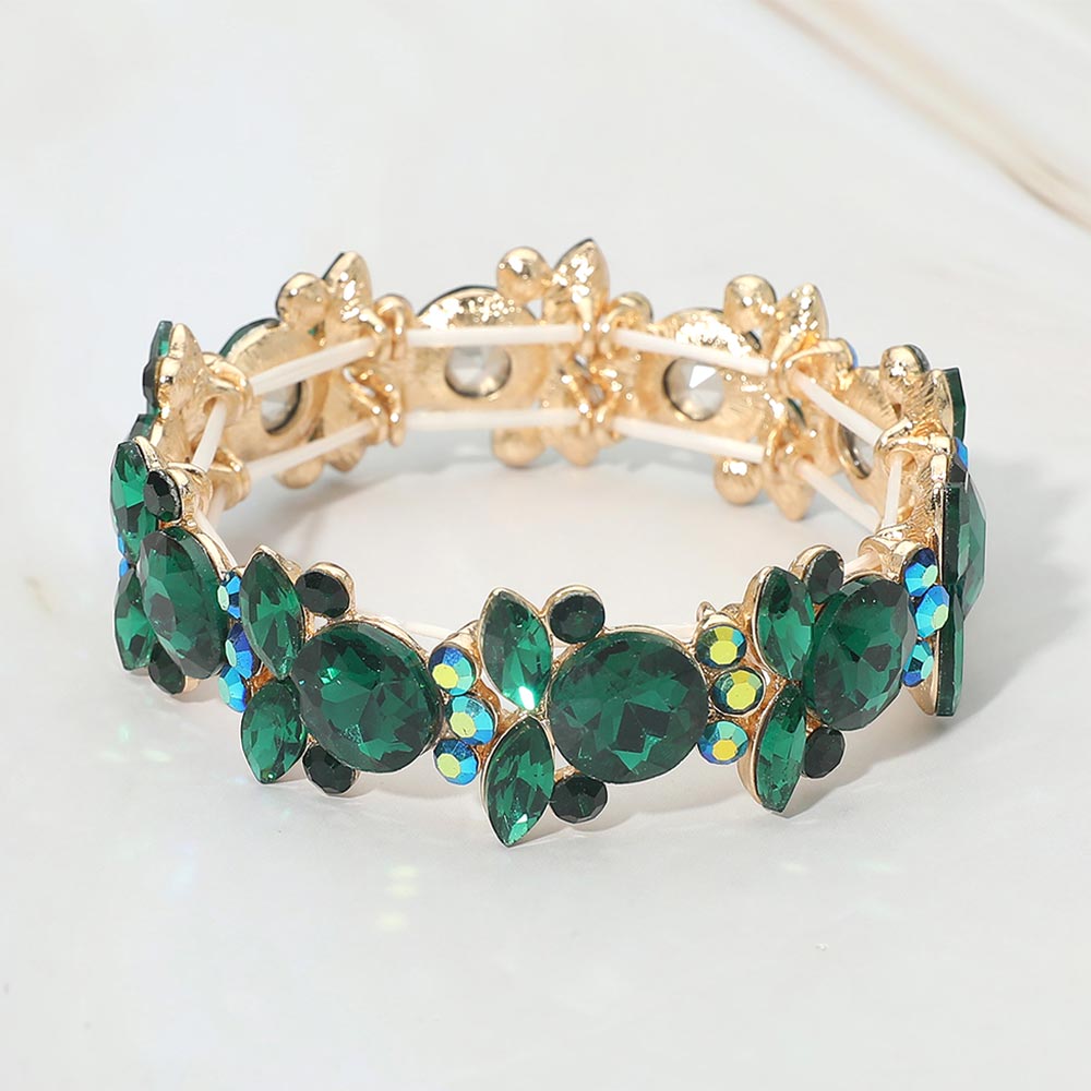 Madeline Love Gold, Green Floral Faceted Glass Stone Cluster Beaded Stretch Evening Bracelet