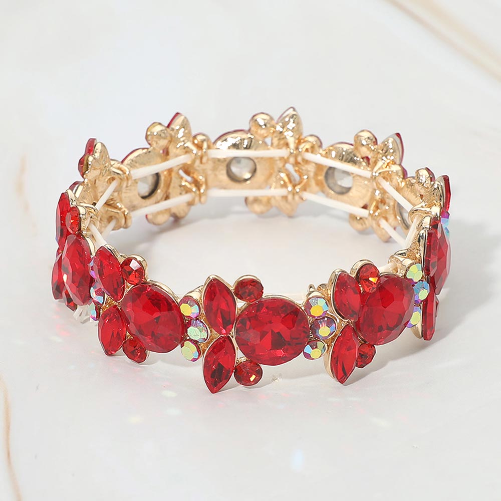 Madeline Love Gold, Red Floral Faceted Glass Stone Cluster Beaded Stretch Evening Bracelet