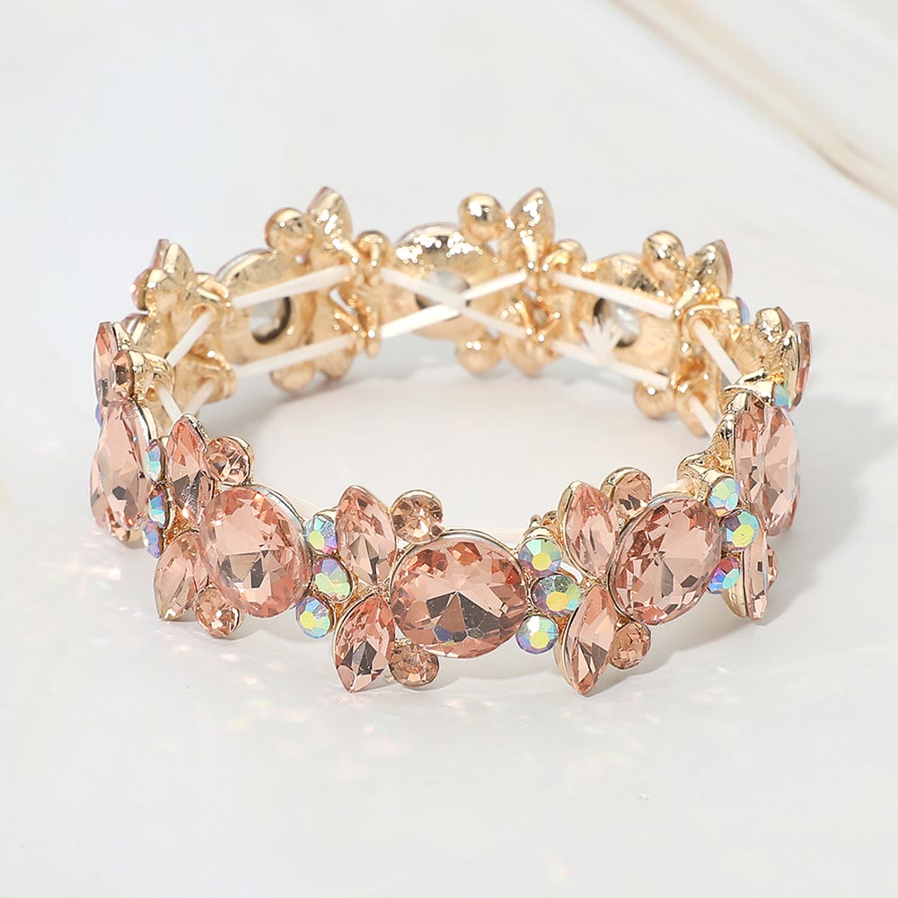 Madeline Love Peach, Rose Gold Floral Faceted Glass Stone Cluster Beaded Stretch Evening Bracelet
