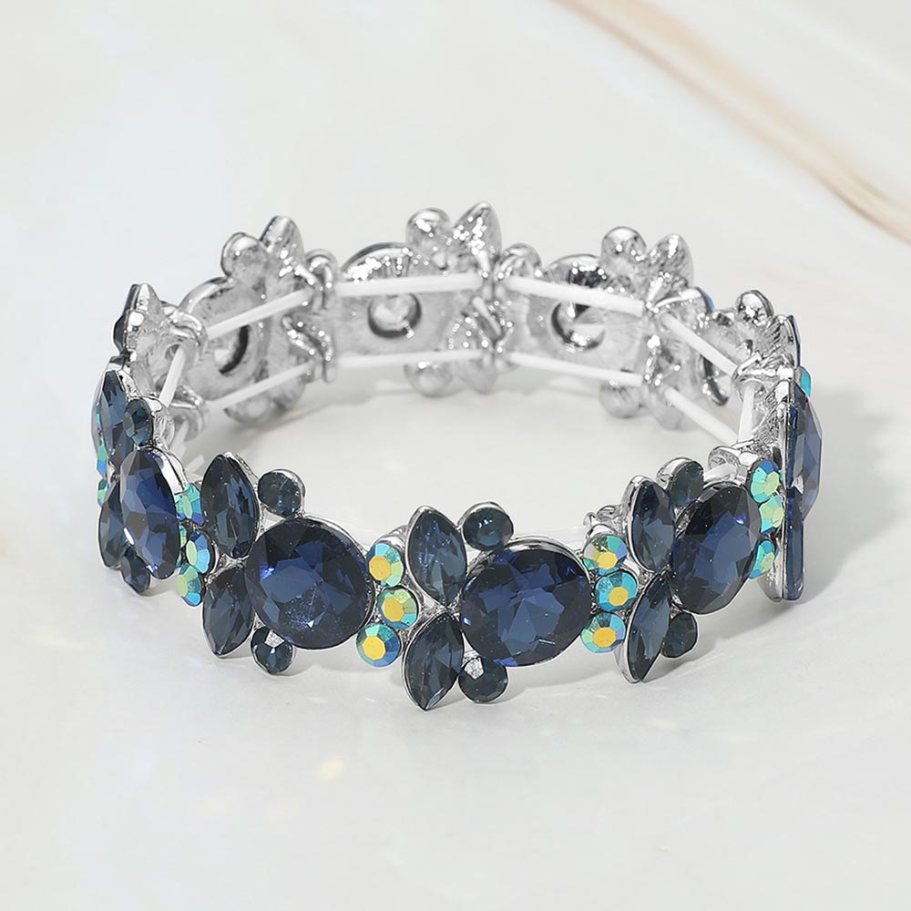 Madeline Love Navy, Rhodium Floral Faceted Glass Stone Cluster Beaded Stretch Evening Bracelet
