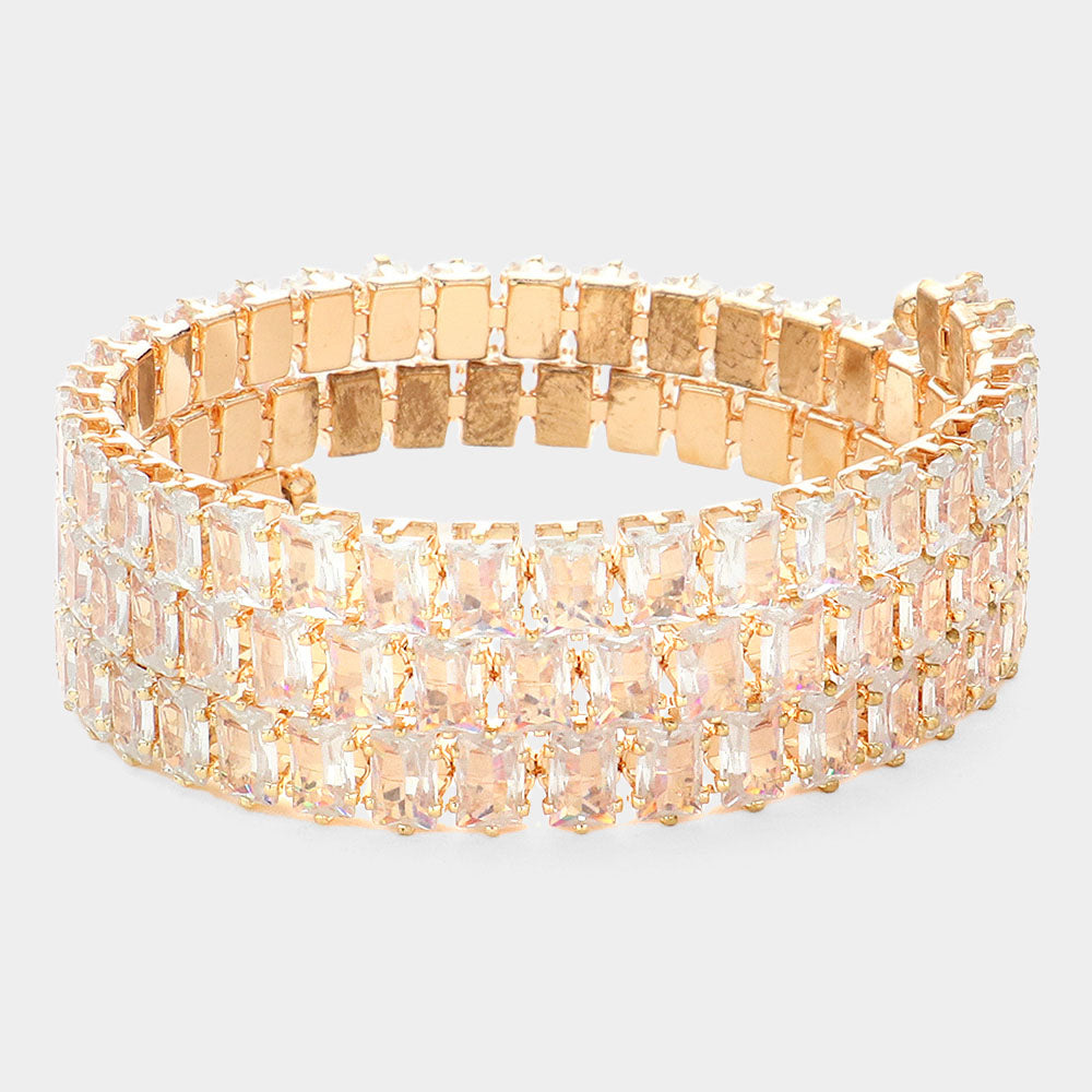 Madeline Love Clear, Gold Emerald Cut Stone Cluster Adjustable Wrapped Evening Bracelet - Bracelets