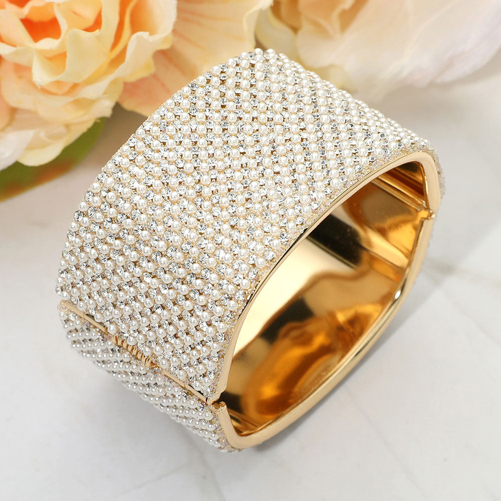 Madeline Love Cream, Gold Wide Pearl Paved Hinged Evening Bangle Bracelet - Bracelets