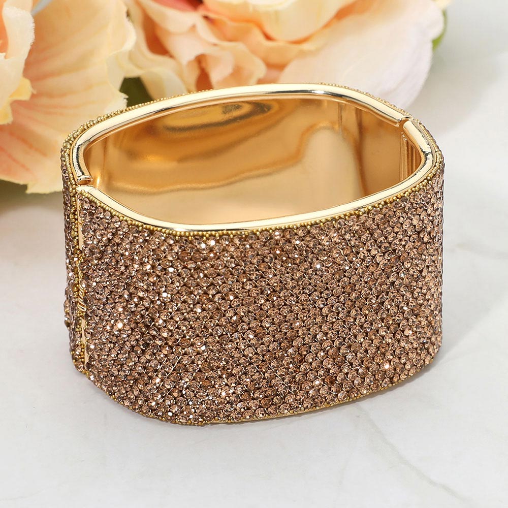 Madeline Love Gold, Lt Col Topaz Wide Rhinestone Paved Hinged Evening Bangle Bracelet