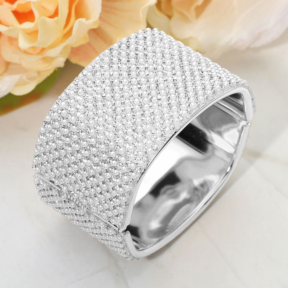 Madeline Love Rhodium, White Wide Pearl Paved Hinged Evening Bangle Bracelet - Bracelets