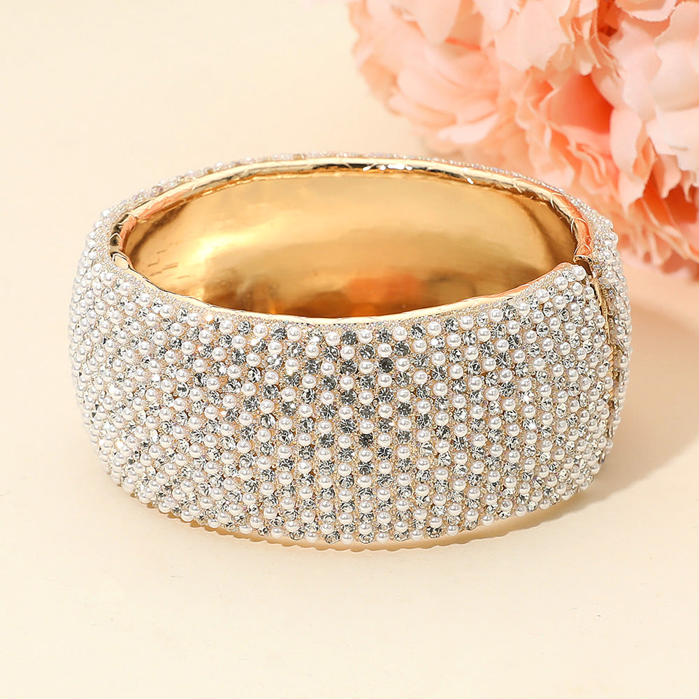 Madeline Love Cream, Gold Wide Rhinestone Pearl Paved Hinged Evening Bangle Bracelet