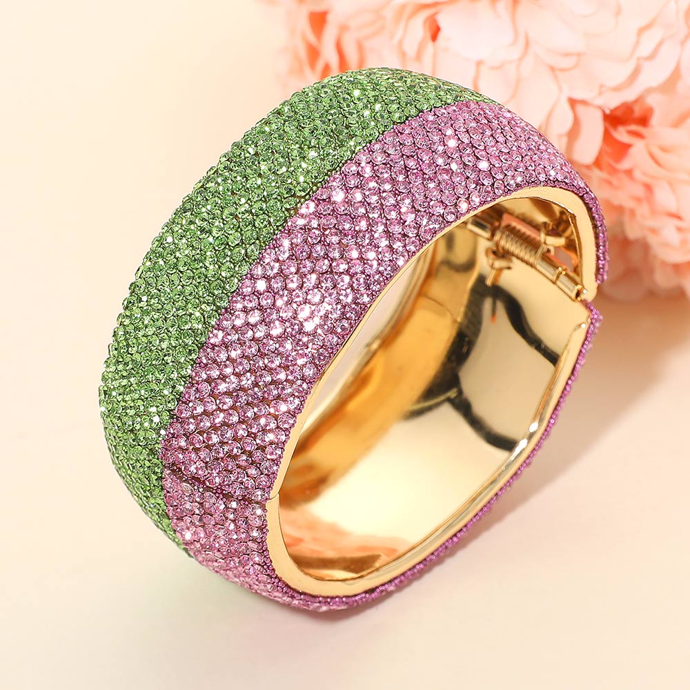 Madeline Love Gold, Pink&Green Wide Rhinestone Paved Hinged Evening Bangle Bracelet