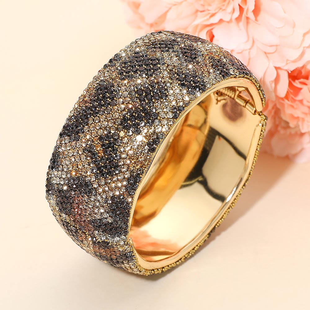 Madeline Love Gold, Leopard Wide Rhinestone Paved Leopard Hinged Evening Bangle Bracelet - Bracelets